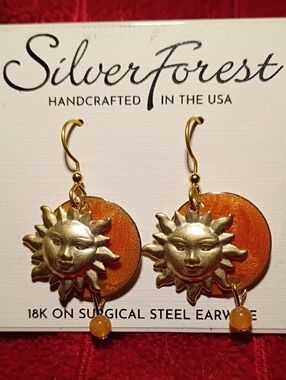 18K on Surgical Steel GOLD SUN w/ Orange CIRCLE STONE
